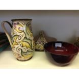 A wade jug and basket-shaped dish with floral decoration, and a dark red E.R. Wilkes bowl, dated