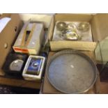 Lot to include 3 different clocks, two silver trays and a box of silverware.