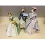 Three Royal Worcester figurines titled 'Winter's Morn', 'Spring Morn', and 'Masquerade'.