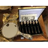 A mixed lot to include; cased set of 6 silver spoons given to the Prince and Princess of Wales as
