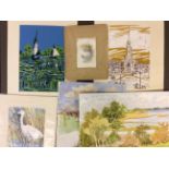 An artists portfolio to include a pair of lithographs, watercolour landscapes and a study of a