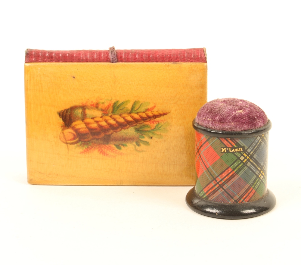 Two pieces of tartan ware (M'Lean), comprising a cylinder form standing pincushion, 3cm, and a