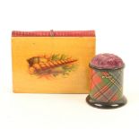 Two pieces of tartan ware (M'Lean), comprising a cylinder form standing pincushion, 3cm, and a