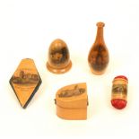 Five pieces of Mauchline ware, comprising; a bottle form thimble case with reel and needlecase (