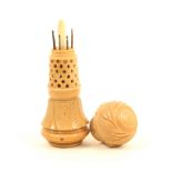 A vegetable ivory crochet or tatting cylinder, of waisted and pierced cylinder form, screw cover,
