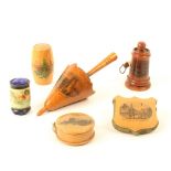 Five pieces of Mauchline ware, comprising; an umbrella form pincushion (Oswestry Old Church),