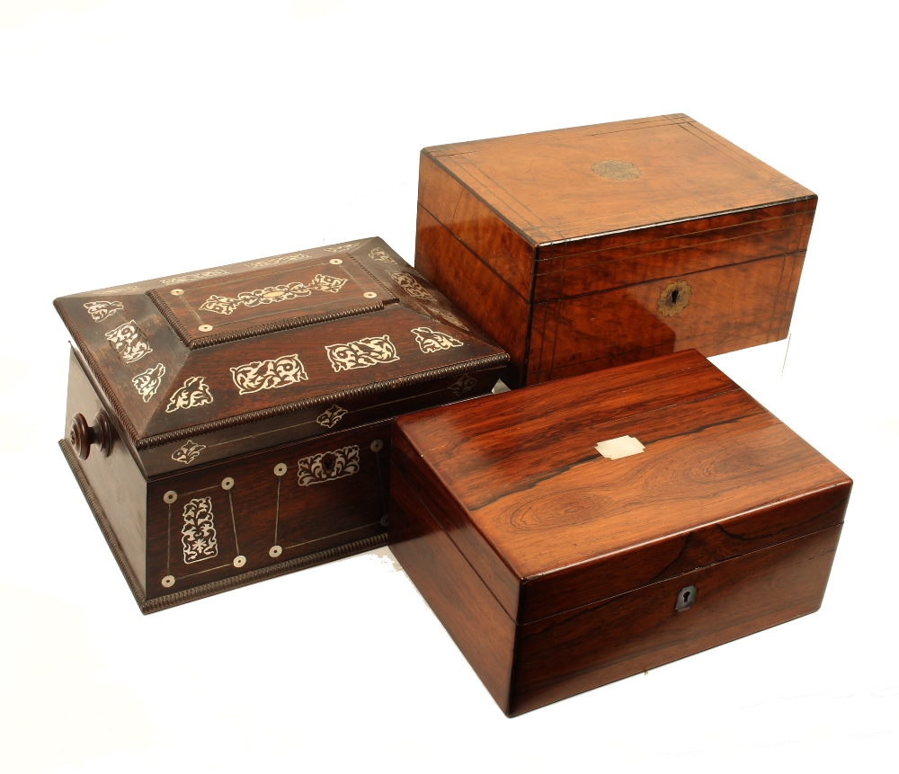 Three Victorian sewing boxes, comprising; a rosewood sarcophagus form example inlaid with cut mother - Image 2 of 2