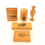 Four pieces of Mauchline ware, comprising; a slender vase (untitled high street view -