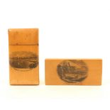 Two Mauchline ware card cases, comprising; a rectangular section example (Souvenir From North