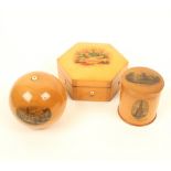 Three pieces of Mauchline ware comprising; a seashell and seaweed hexagonal reel box for Clark &