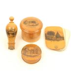 Four pieces of Mauchline ware, comprising; a whistle (Inverarary Castle, West Front), 7.5cm, a