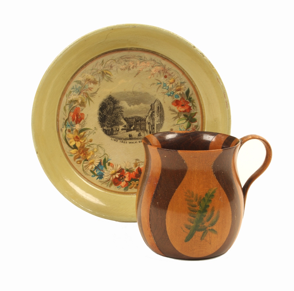 Two pieces of Mauchline ware  with rare finishes, comprising; a turned stickware dark and light wood