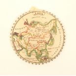 A rare printed and colour painted silk pin wheel, one side with a part globe form map of the