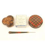 Four pieces of Mauchline ware, comprising; a tartan ware circular box (M'Farlane), 6cm diameter, a