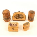 Five pieces of Mauchline ware, comprising; a purse (Corbridge On Tyne), 6.5cm, a barrel form box