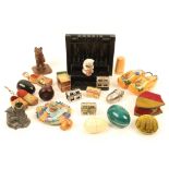 A collection of thimble cases and stands, including a Dorcas plastic thimble stand, 12cm wide, a