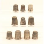 Ten English silver advertising thimbles, including; "James Walker The London Jeweller", five