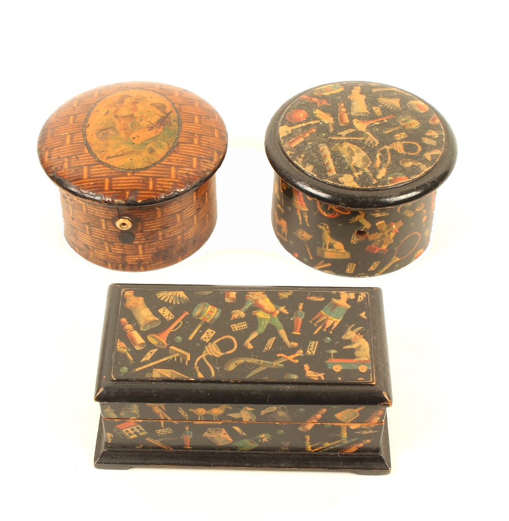 Three pieces of Mauchline ware, comprising; a rectangular reel box in the toys and games pattern,