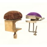 Two sewing clamps, comprising; a brass rectangular frame example with pincushion top, 9 .5cm, and