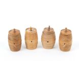 A matched set of four whitewood cotton barrels, all with central spindle winders, approx. 4.5cm