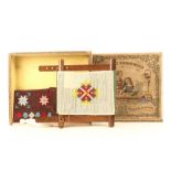 A late 19th century child's embroidery frame in paper covered rectangular box, the frame complete