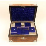 A Victorian burr wood rectangular sewing box, the lid and front banded in tulipwood with bone and