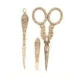 A pair of silver handled scissors and a stiletto, by Joseph Taylor, Birmingham, the scissors with