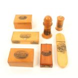 Seven pieces of Mauchline ware, comprising; an egg timer in rectangular hinged cedar wood case