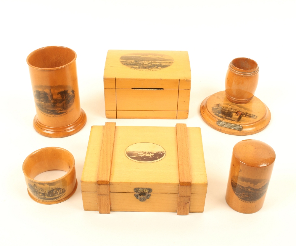 Six pieces of Mauchline ware, comprising;  a dome top rectangular money box (Village of Kinloch