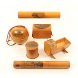 Six pieces of Mauchline ware, comprising; a wool ball holder on cord (The New Clock Tower,