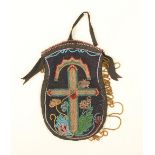 An American Indian beadwork purse or bag of pocket form, worked on a blue cloth with coloured