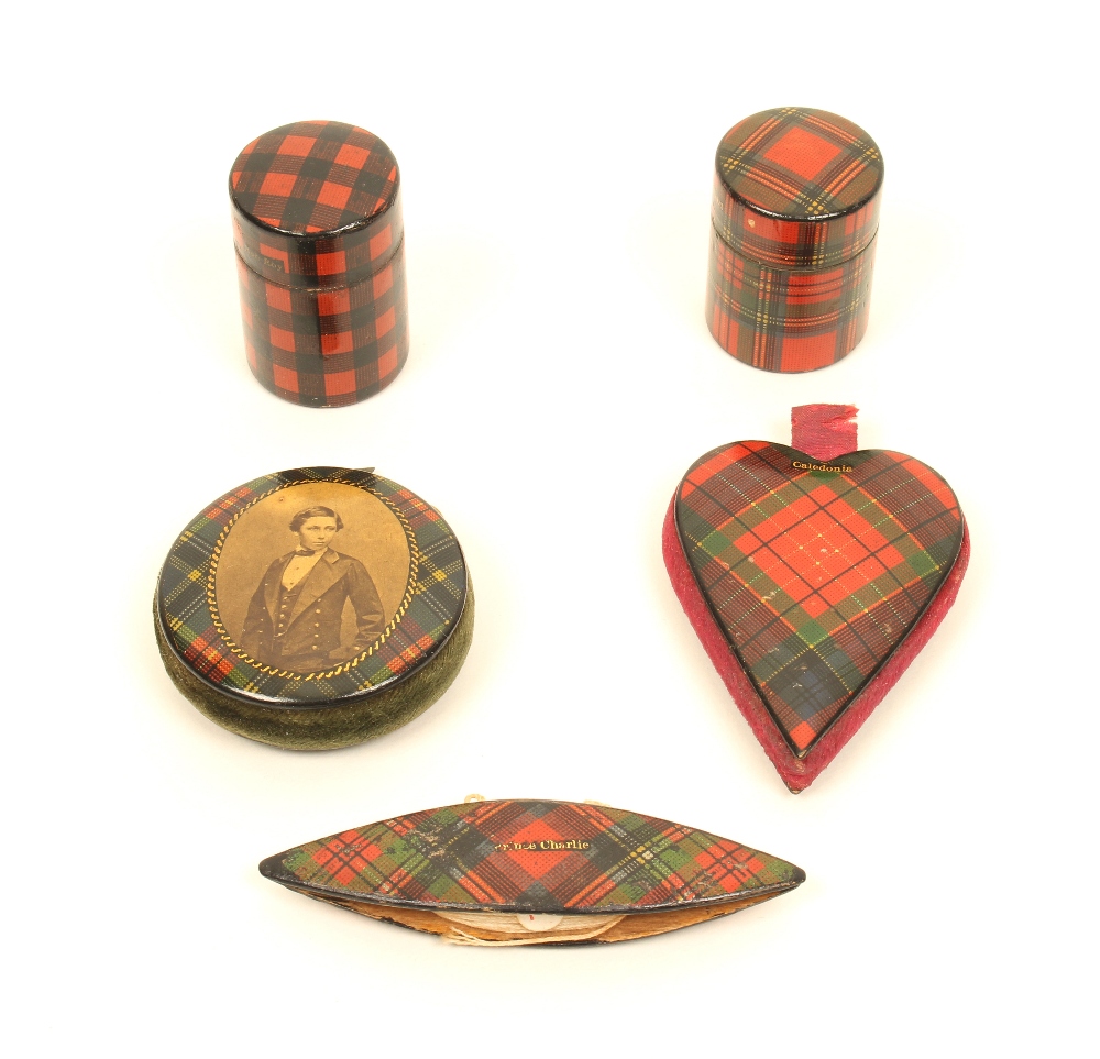 Five pieces of  tartan ware, comprising; disc form pincushion with oval photographic portrait (M'