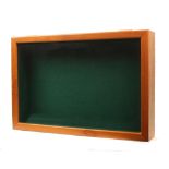 A modern purpose-built counter display case for sewing tools, in teak finish, glazed hinged lid with