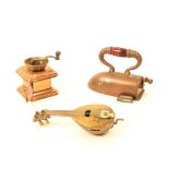 Three metal novelty tape measures, comprising; a copper and brass coffee grinder, complete printed