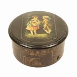 A Mauchline ware fortune telling circular reel box, black ground with colour print of two children
