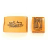 Two Mauchline ware wooden hinge snuff boxes, comprising; a rectangular example "When Shall We