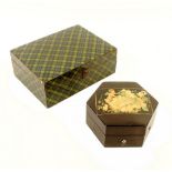 A large rectangular Mauchline green tartan ware rectangular box, with internal lid label for J.