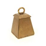 A brass Avery needle packet case "Postal Weight" (1876), ring handle to hinged cover with falling