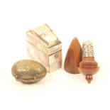 A needle packet case and two thimble cases, the needle packet case in mother-of-pearl and abalone
