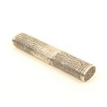 A late 18th century Chinese silver core filigree bodkin case of oval section, all over quill work