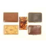 Five visiting card cases, comprising; a tortoiseshell example, hinged lid, 9cm, two leather side