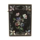 A papier-m«chª visiting card case, circa 1840, hinged lid, black ground, one side with a panel of