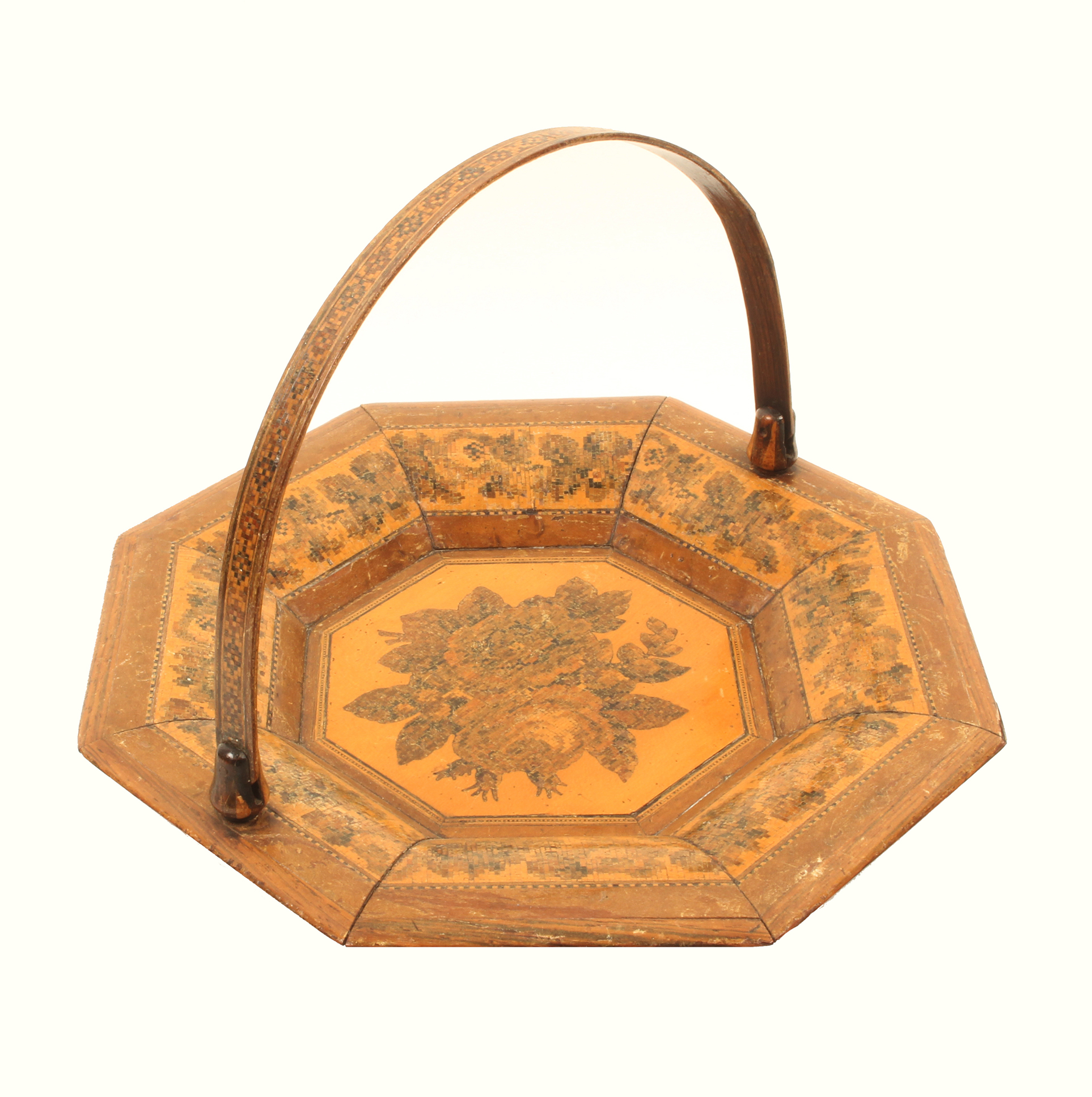 A Tunbridge ware rosewood basket of octagonal form, the centre with floral mosaic inset in
