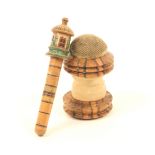 Two pieces of Tunbridge ware, comprising; a painted cottage top needlecase, 6.2cm, and a combination