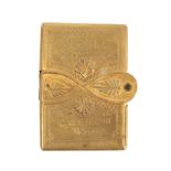 A gilt brass Avery needlepacket case, 'The Stella Golden Needle Case', Patent No. 2998 1869,