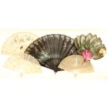 Five fans, comprising; a black lace fan painted with dragonflies and flowers, 36.5cm, a silk fan