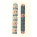 Two beadwork covered cylinder needlecases, one with wooden core, one in bone, both with multi-