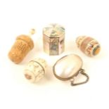 Five thimble cases, comprising; an abalone shell and mother-of-pearl example, of octagonal form, s.