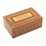 An unusual Tunbridge ware rectangular rosewood box, pull-off lid inset with a fine panel of
