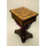 A fine rosewood Tunbridge ware sewing table, the overhanging hinged top with a central panel of